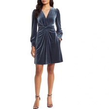Vince Camuto Women Dress Size 8 Blue Twist Front Long Sleeve Velvet Fit Flare