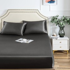 Satin Fitted Bed Sheet, Soft as Silk, Full Size, 1 Piece, Grey