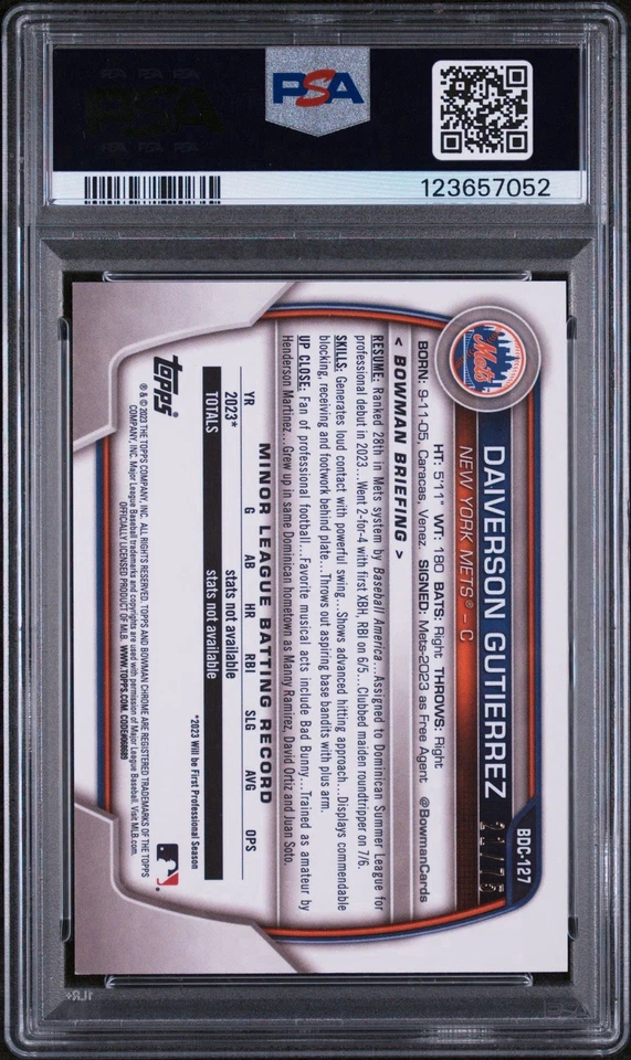 2023 Bowman Draft Sapphire Daiverson Gutierrez Yellow Refractor /75 PSA DNA AUTO - Image 2 of 2