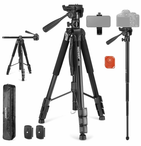 NEEWER Basic 74" Video Tripod Monopod w/ 3 Way Pan Tilt Head & Remote, Black