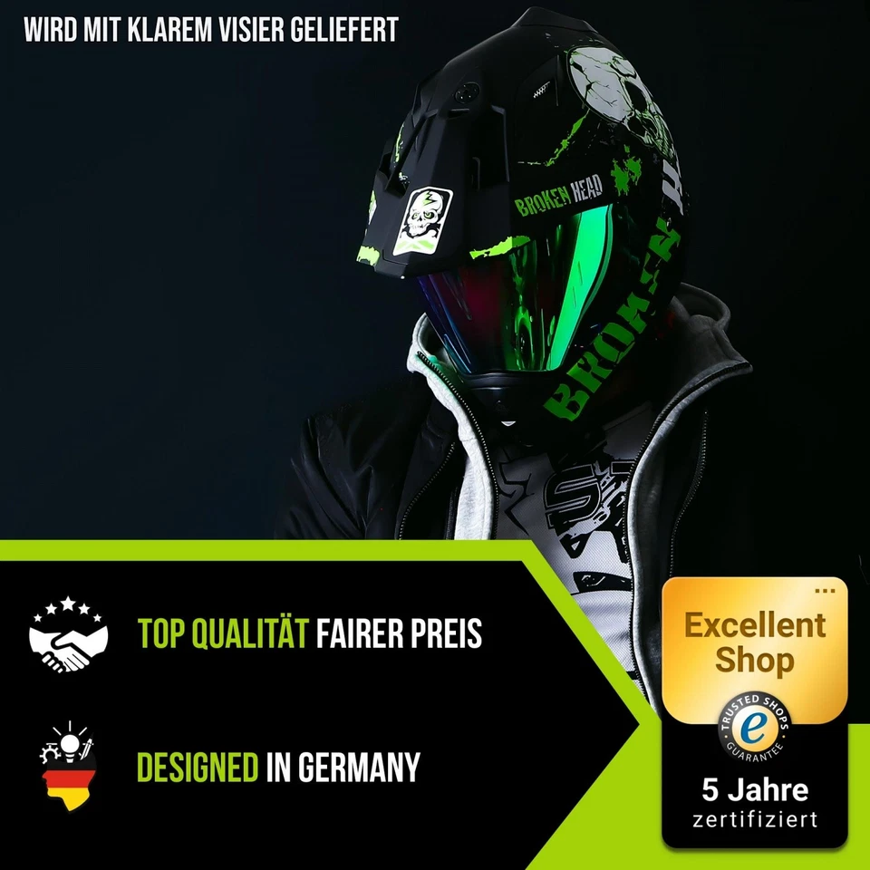 Broken Head Endurohelm Mit Sonnenblende Bone Crusher Grün (Größe S & M) - Bild 2 von 4