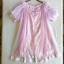 Vintage 1970s Chiffon Peignoir Set 2pc Lavender Lace Babydoll Nightgown ILGWU