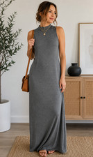 Popular 21 Gray Sleeveless Mock Neck Maxi Dress Women's L Rayon Stretch Casual