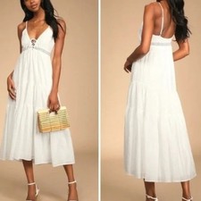NEW Lulus White Lace Up Lace Sleeveless Flowy Midi Dress XL Vacation Bridal Boho