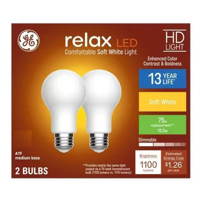 GE Relax 75W EQ A19 Soft White Dimmable LED Light Bulbs 2-Pack 2700K