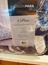 MADISON PARK 8 PC FULL/ QUEEN COMFORTER /COVERLET SET NAVY BLUE PAISLEY BED NEW
