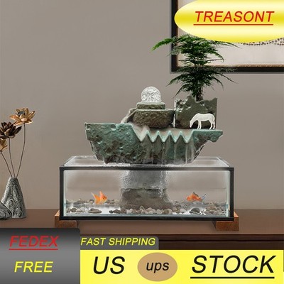 Indoor Resin Glass Fish Tank Waterfall Feng Shui Good Luck Wealth Fountain Decor