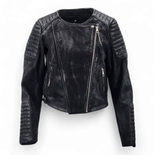 H&M Black Real Leather Cropped Biker Jacket UK Size 14