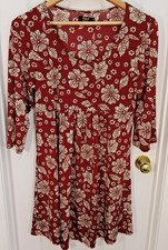 R&B Collection Dress Womens XL Burgundy Floral Stretch Cottagecore 3/4 Sleeve