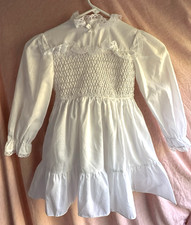 Vintage Polly Flinders Hand Smocked Dress -Size 6 - Long Sleeve - White