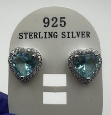 925 Sterling Silver Heart Blue CZ Halo Earrings 2.6g Push Back  C104