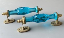 Antique Style Big Crystal/Cut Blue Glass Brass Door Handle Collectible