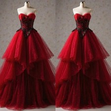 Vintage Red Black Wedding Dresses Strapless Layered Lace Appliques Bridal Gowns