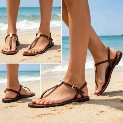 Elegante Damen Leder Zehentrenner Sandalen mit Goldschnalle Flat Chic H7M4Q8