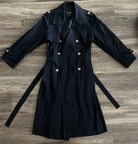 Trench coat CELINE doppiopetto con cintura blu navy dettagli oro