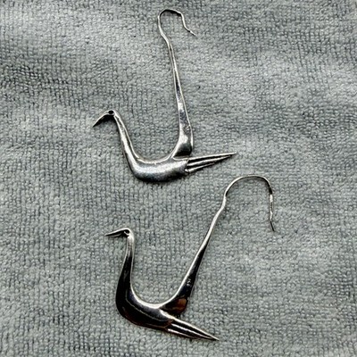 Vintage Estate Sterling Silver Elongated Swan Earrings Hook Thin Sleek Abstract