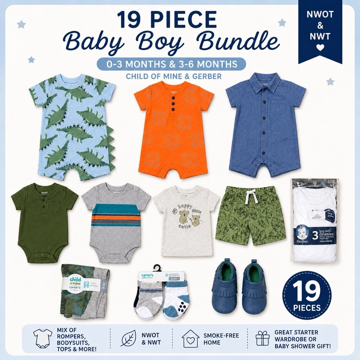 Baby Boys Mixed Spring Gerber & Child of Mine Clothing Lot, Size 0/3-3/6M,19pc