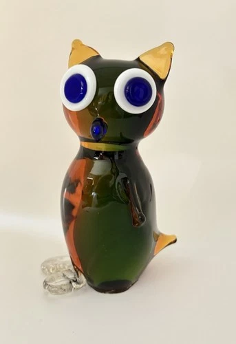 Vintage 1970s Hand Blown Art Glass Owl Murano Style Figurine