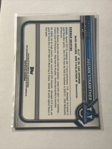 2021-22 Bowman University Chrome Julian Strawther Blue Refractor #172/199 - Picture 2 of 2
