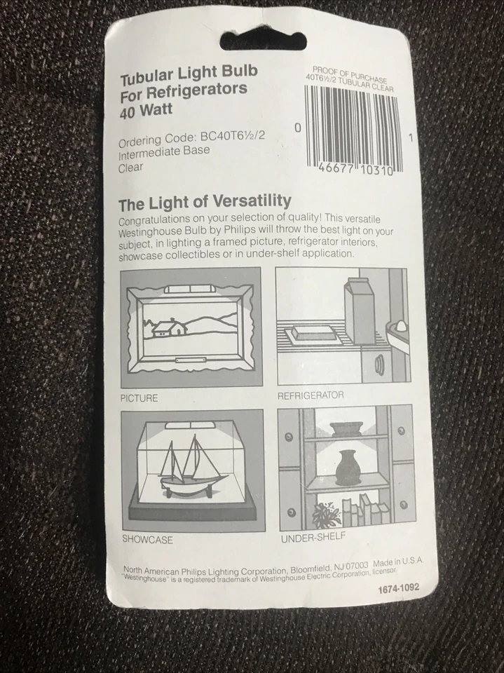 Vintage Westinghouse Tubular 40 Watt Light Bulb By Philips,BC40T6 1/2/2 Refridge - Image 2 of 2