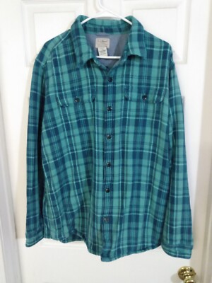 LL Bean Shirt Men L Slightly Fitted Teal Plaid Shacket Pockets Outdoor Heavy