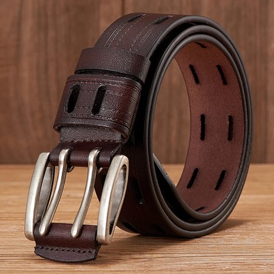 Men's Belts Full Grain Genuine Strap Double Pin Buckle Jeans 1.5inch Width