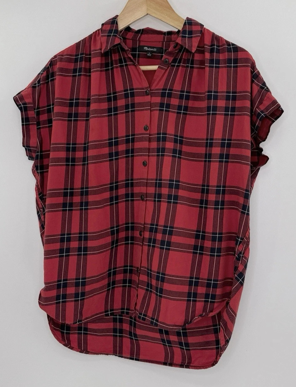 Madewell Red Button Front Collared Plaid Cap Slee… - image 1
