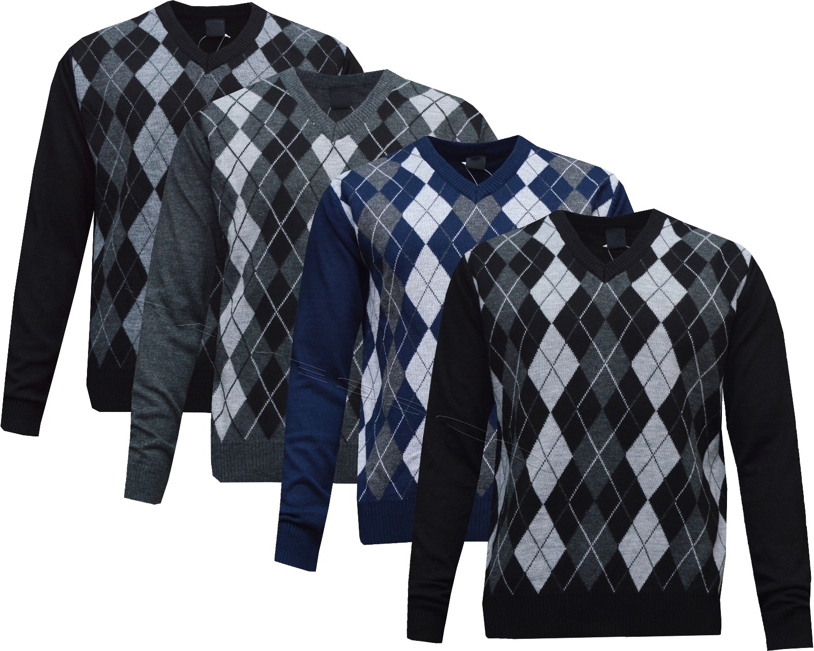 Mens Argyle Diamond Long Sleeve VNeck Jumper Top Pullover Winter Golf