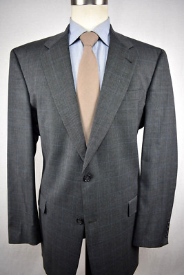 Hart Schaffner Marx Gray/Blue Windowpane Wool Two Button Two Pc Suit Size: 43L