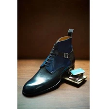 New Men Black & Blue Leather Formal Ankle Lace Up Handmade Office Boots