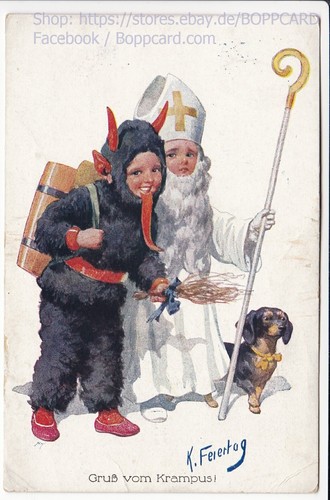 KÜNSTLERKARTE , GRUSS VOM KRAMPUS , PUTE , ZUNGE , DACKEL , SIG FEIERTAG Q