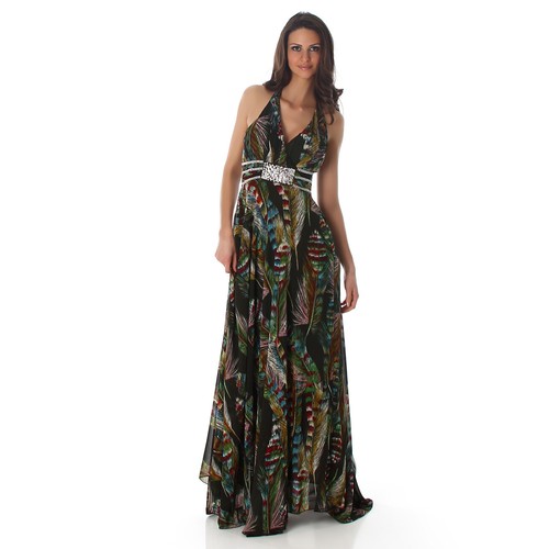 Abito lungo vestito donna impero strass cerimonia evento piume svasato ampio  | eBay