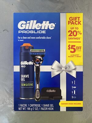New GILLETTE PROGLIDE  Gift Pack- One 5-Blade Razor, 1 Hook & 7oz Shave Gel