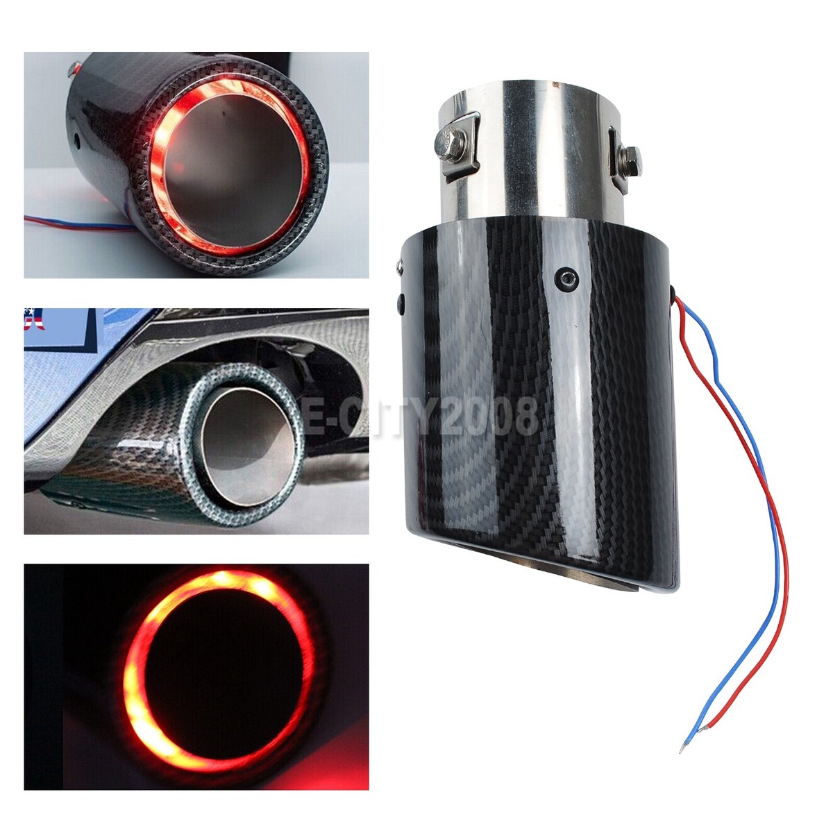 Universal LED Luminous Muffler Tip Tail Pipe Carbon Fiber Look 2.5in Clamp-On