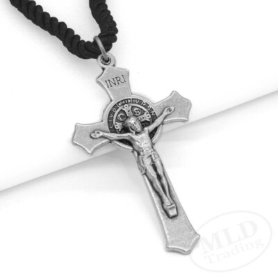 Saint St Benedict Medal Crucifix Cross Pendant Necklace, Italy, 24'' Adjust. Cord