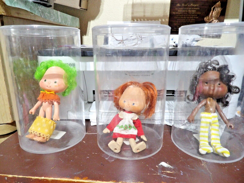 Three American Greeting dolls: one copyright 1981, with three display cases.