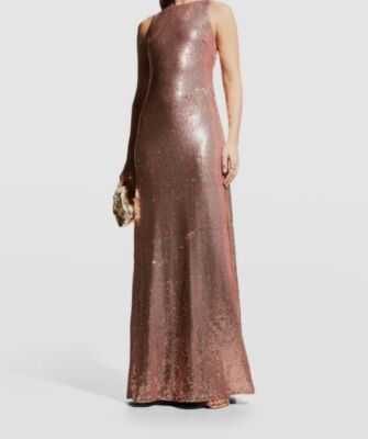 $695 Halston Women's Pink Madden Metallic Sequin Back Twist Gown Dress Size 12