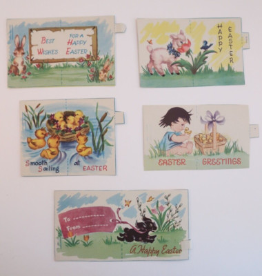 Set of 6 Vintage Easter Paper Tags Greetings Ducks Lamb Bunny Name Tags
