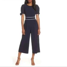 NWT Eliza J Contrast Trim Wide Leg Jumpsuit Navy Size 10 New MSRP $138