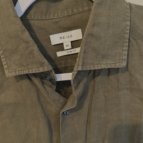 Camicia REISS Ruban slim fit 100% lino con bottoni verde oliva media 1990 - Foto 4 di 8