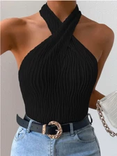 Black Criss Cross Front Halter Top Sz S M L XL