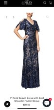 Alex Evenings V-Neck Sequin Dress with Cold Shoulder Flutter Sleeve Size 12 NWT
