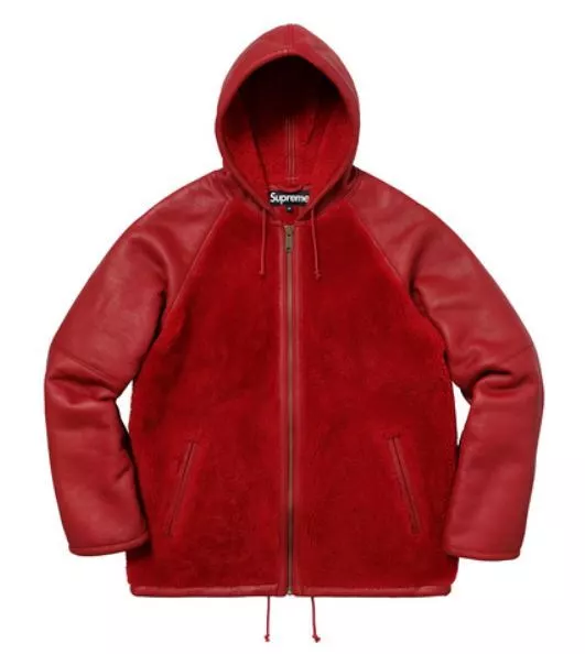 Veste hiver peau de mouton rouge homme Supreme taille L capuche en peau de mouton inversée FW17 à la main