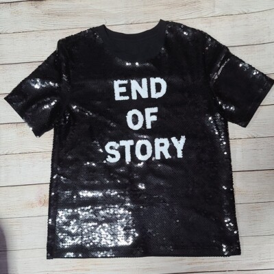 H&M End of Story Sequin Short Sleeve Blouse Shirt Black