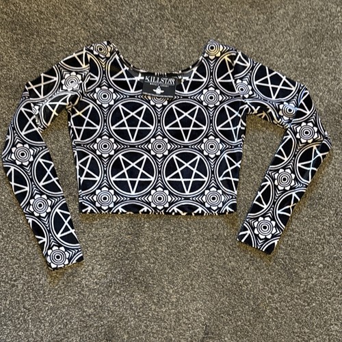 KillStar Cult Luxury Womens M Black White CropTop Midriff Goth Punk Velvet Emo - Picture 2 of 11
