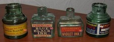 4 DIFFERENT SMALL ANTIQUE GLASS LABELED INK BOTTLES