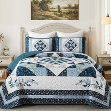 King Size Quilt Set,Patchwork King Quilt Bedding Set, Farmhouse Blue Floral Beds