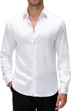 Mens Luxury Satin Dress Shirt Long Sleeve Silk Shiny Sateen Party Shirt