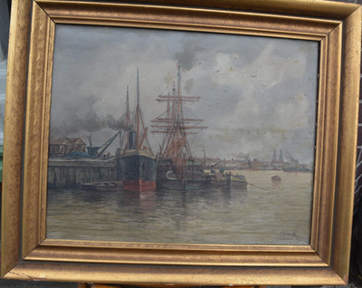 Gemälde Hafen Libourne Frankreich France Bordeaux Marine Jules Vernier Dordogne