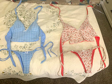 Women’s Lot of 2 Bikini Sets Blue Plaid & Red/White Floral Swimwear reversible!